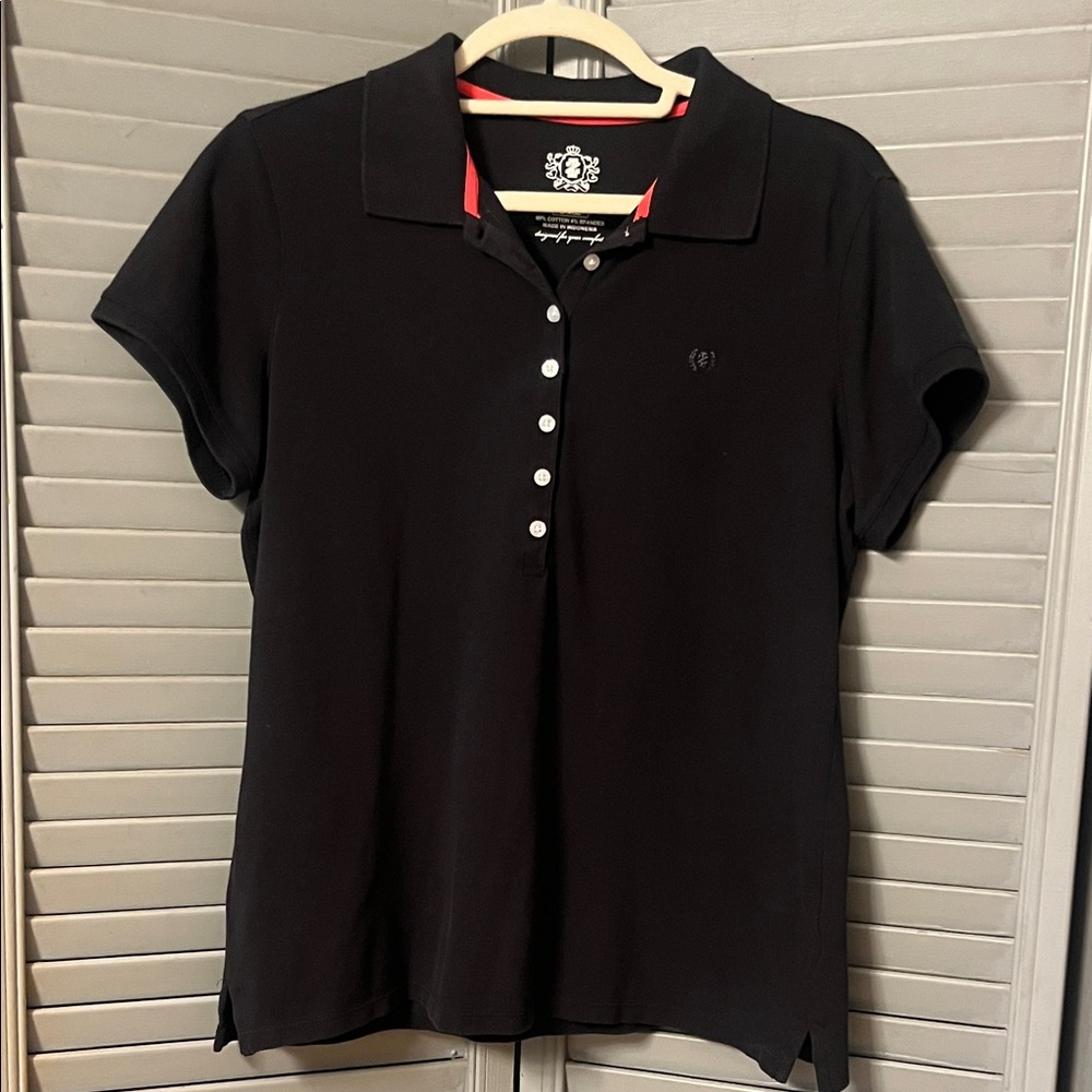 Izod Women’s Black& Coral Polo Top - Classic Short Sleeve, Buttons, Collar, Sz L